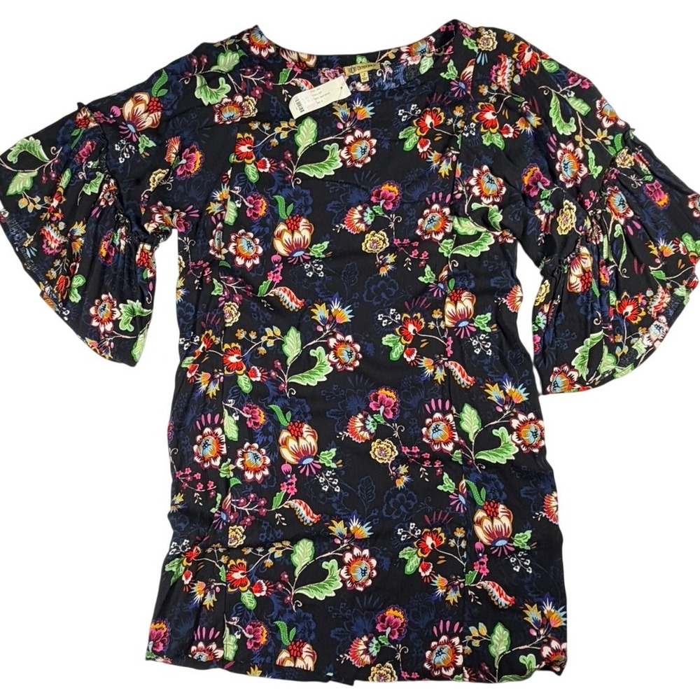 Democracy Black Floral Dress Womens S Tiered Bell Sleeve Tunic B6973JX1E NWT